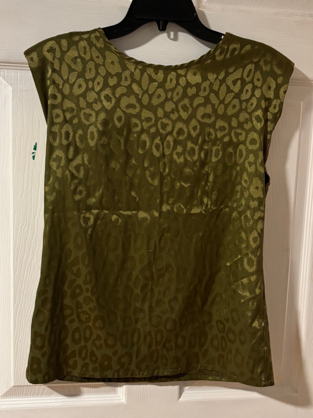 Mundefeis Olive Green Animal Print Satin Shell Top with Shoulder Pads S